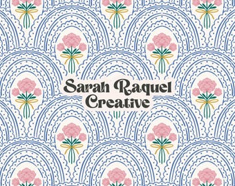 Coquette Scalloped Seamless Pattern: Pastel Pink and Blue Floral Cottagecore Seamless Repeat - Commercial Use