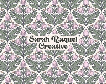 Arts & Crafts Floral Seamless Pattern, Interlocking Botanical Repeat, Grandmillennial Fabric Design - Commercial Use