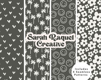 Happy Summer Seamless Pattern Bundle - Playful Black & White Seamless Repeat  Collection- Commercial Use