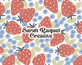 Summer Strawberries and Blueberry Seamless Pattern - Farmers Market Fruit - Retro Berry Pattern File - Commercial Use