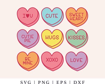 Paquete de SVG de corazones con mensajes - SVG de corazones de caramelo de San Valentín - PNG retro de San Valentín - Archivo de corte para Cricut