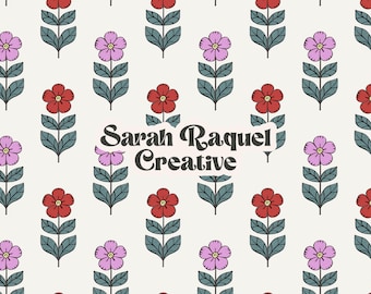 Pink and Red Floral Seamless Pattern, Block Print Flower Repeat, Grandmillennial Fabric Design, Cottagecore Digital Paper - Commercial Use