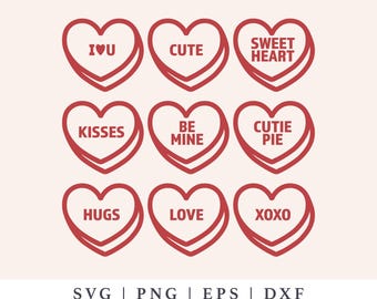Paquete de SVG de corazones con mensajes - PNG de corazón de caramelo - Archivo de corte Cricut para San Valentín