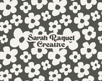 Summer Daisies Seamless Pattern - Playful Black & White Floral Repeat - Commercial Use