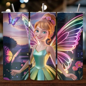 3D Tinkerbell Tumbler Wrap PNG | Neon Colorful Fairy Design | 20oz Skinny Tumbler Sublimation | Princess Tumbler Wrap | Digital Download