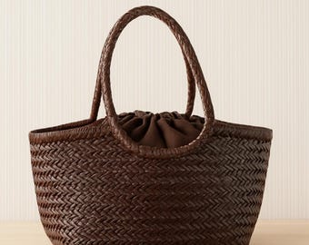 Handgewebte Leder Hobo Bag: Geflochtene Schultertasche - Dunkelbraun