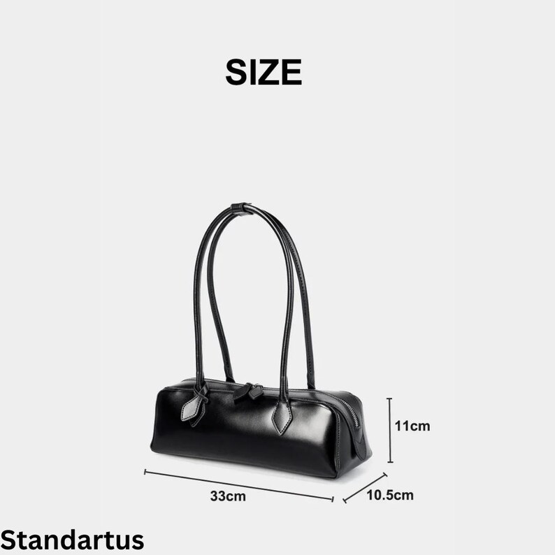 May include: A black rectangular handbag with two curved handles. The bag is 33cm long, 10.5cm wide, and 11cm high. The word "SIZE" is at the top of the image. The brand name "Standartus" is at the bottom.