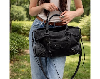 Y2K Motorcycle PU Leather Top Handle Bag, Street Style Crossbody Tote