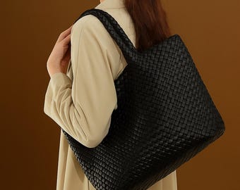 Bolso de hombro de piel tejida, bolso de mano tejido a mano, elegante bolso de diario