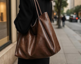 Vegan Leather Hobo Bag: Oversized Slouchy Tote with Silver Ring