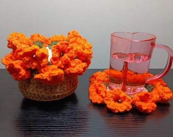 Crochet Flower Pot Coaster- Coaster Bouquet