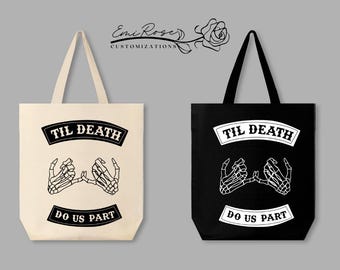 Til Death Do Us Part Skeleton Hands Tote Bag – Gothic Wedding Gift, Halloween Tote, Cotton Shopper