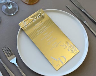 Akrylmenykort i guldspegel, lyxig mottagningsmeny, elegant modern akrylbordsdekoration