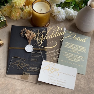 Gold Foil Clear Acrylic Wedding Invitations Suite, Quinceanera Invites Details Card, Custom Invitation with RSVP Set, Faire Part Mariage