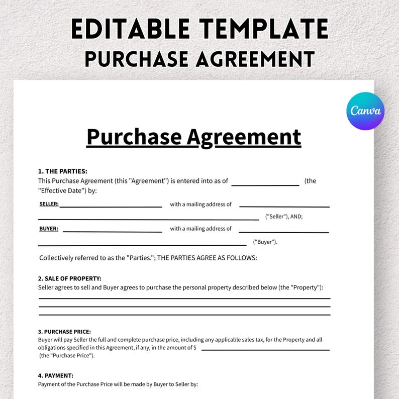 Purchasing Rights Australia Printable Purchase Agreement Template, Editable Purchase and Sale ...