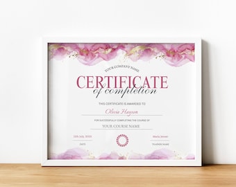 Pink Certificate of Completion Template, MUA, Nail tech, Hairstylist, Lash Tech, DIY Girly Beauty Certificate, Completion of Course Flyer