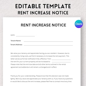 Peut inclure: Un modèle modifiable blanc pour un avis d'augmentation de loyer. Le document comprend des champs pour la date, le nom du locataire et l'adresse. Le texte explique la raison de l'augmentation et fournit des coordonnées. Le logo Canva est en haut à droite.