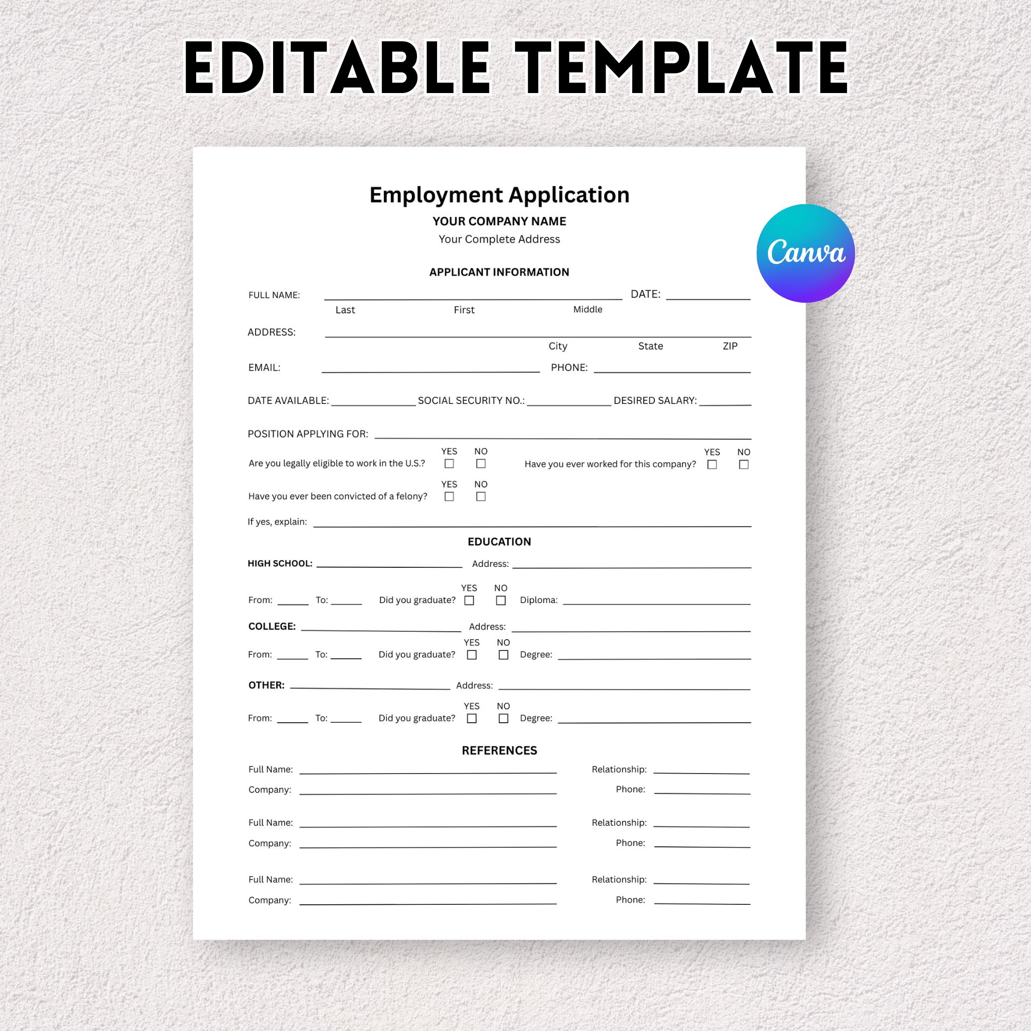 Best Job Application Template Editable Job Application Template, Employment Application: US Letter ...