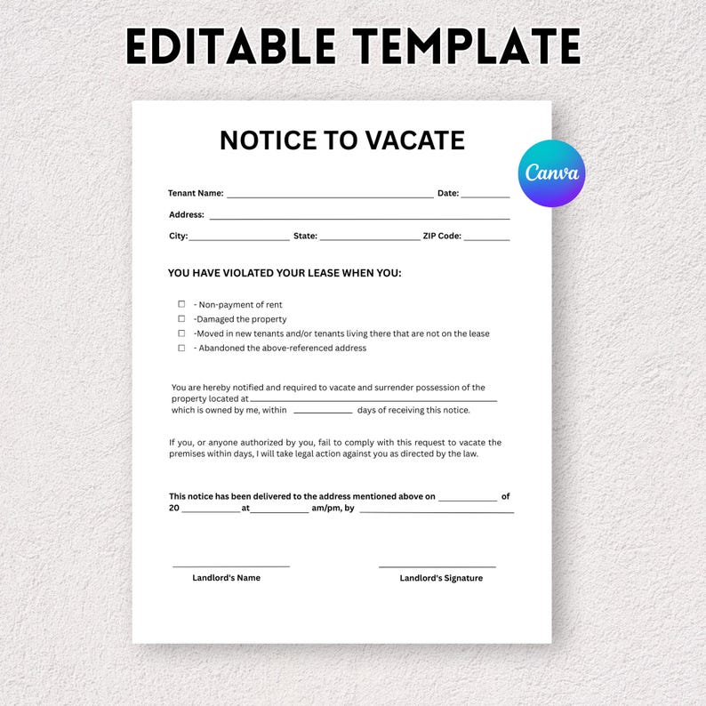 Printable Eviction Notice, Lease Termination Form, Editable Notice to ...