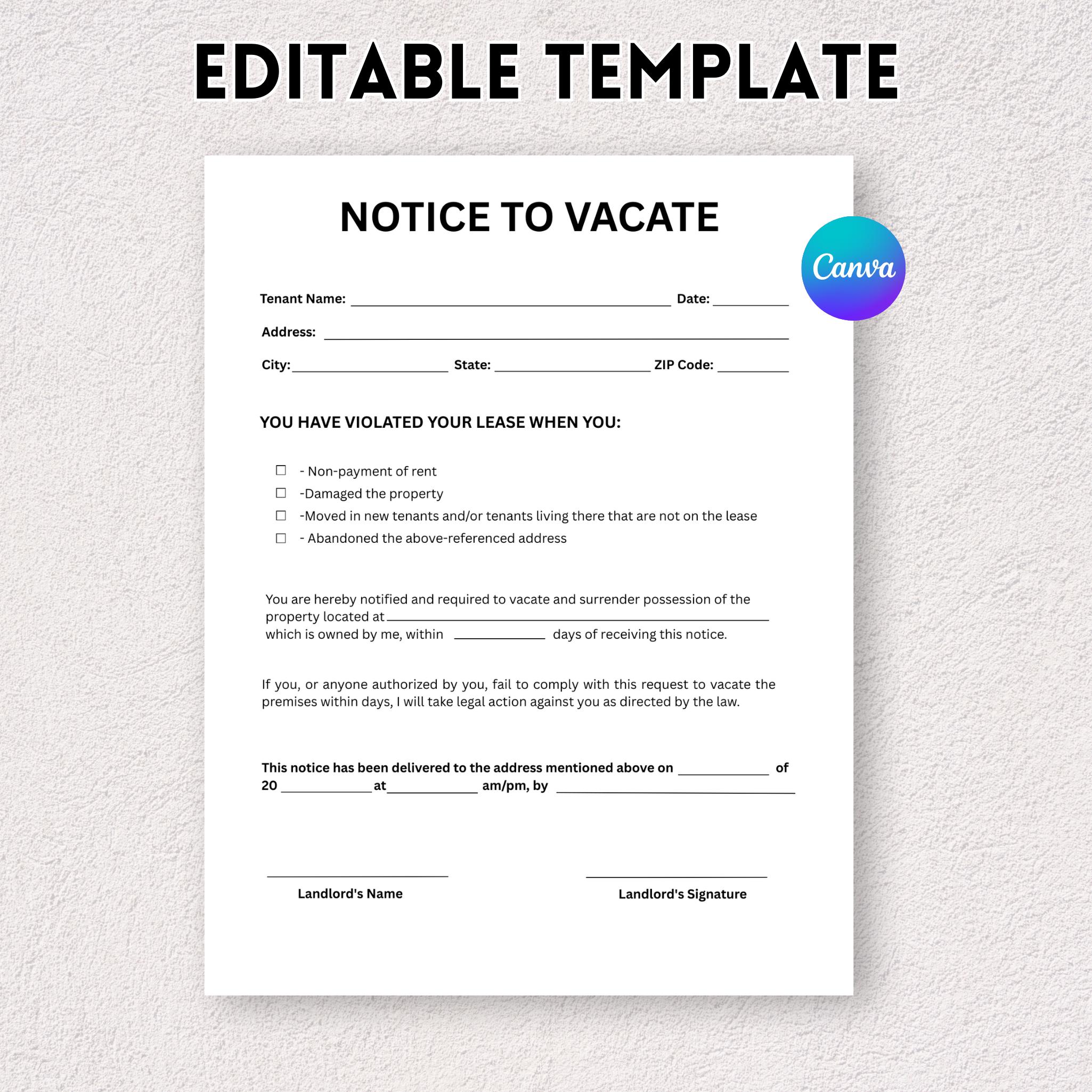 Printable Eviction Notice, Lease Termination Form, Editable Notice to ...