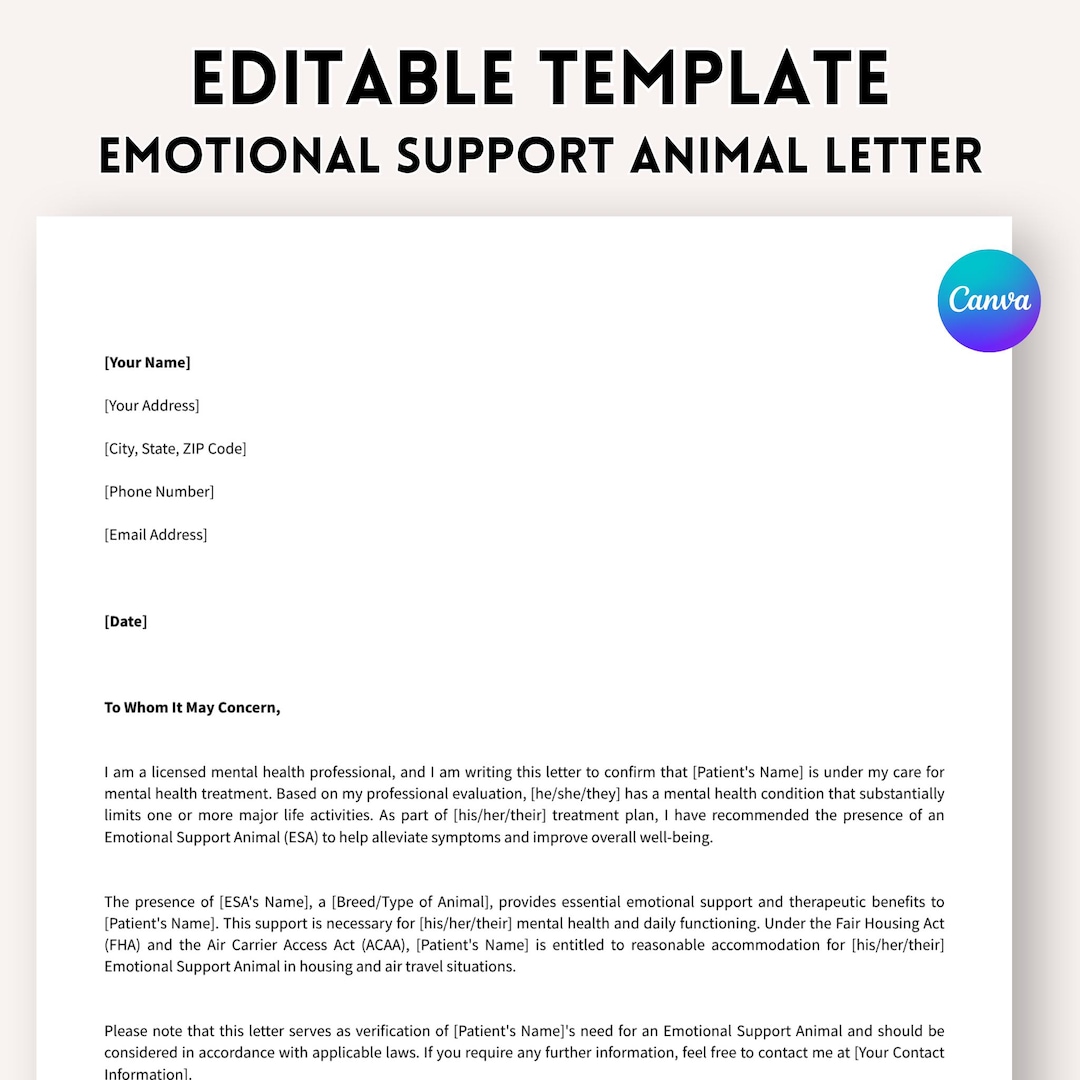 Editable Emotional Support Animal Letter, Printable Service Animal ...