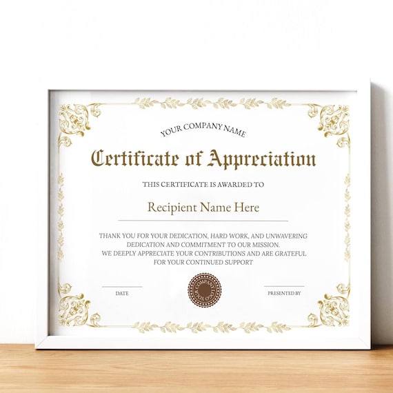 Editable Appreciation Certificate Template, Printable Certificate of Appreciation, Recognition Certificate Customize, DIY Digital Download