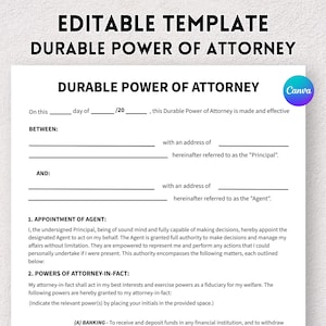 May include: An editable template for a Durable Power of Attorney document. The document includes sections for the principal, agent, and powers granted. The Canva logo is visible. The document is on a white background.