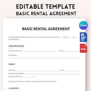 May include: An editable basic rental agreement template document featuring black text on a white background. The form includes fields for landlord and tenant information, property details, and dates. Icons for Canva, Word, and PDF are on the right.