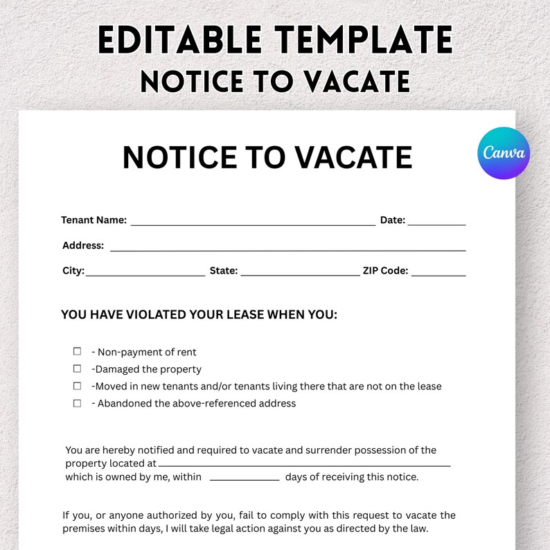 Printable Eviction Notice, Lease Termination Form, Editable Notice to ...