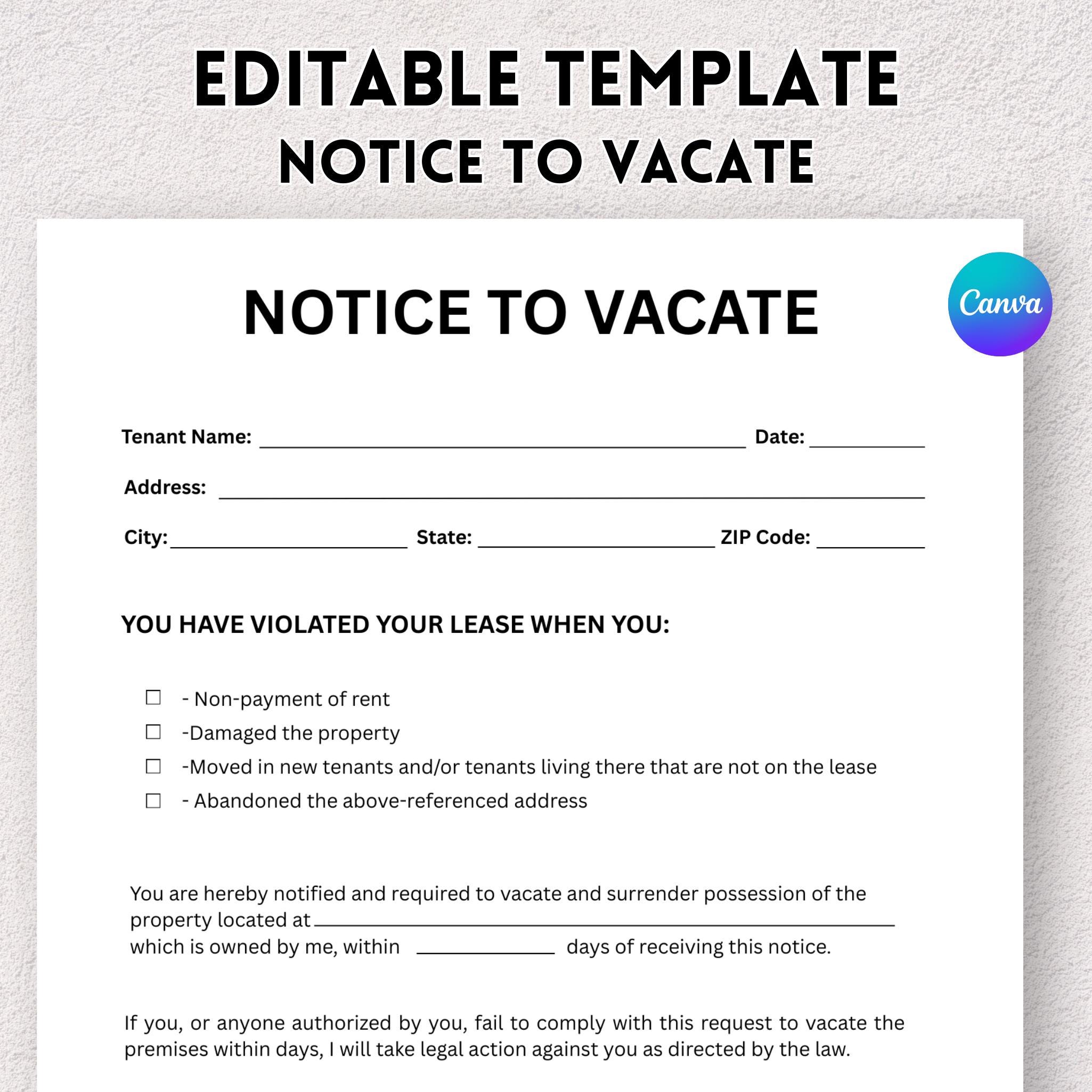 Printable Eviction Notice, Lease Termination Form, Editable Notice to ...