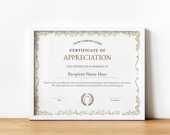 Certificate Of Appreciation Template, Employee Recognition, Appreciation Award, Modern Certificate, Employee Certificate, Customizable Award