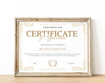 Certificate Of Appreciation Template, Employee Recognition, Appreciation Award, Modern Certificate, Employee Certificate, Customizable Award