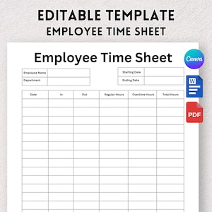 Employee Time Sheet, Editable Time Sheet, Timecard, Printable Timesheet, Timekeeping Sheet, Staff Management, Weekly Timesheet, Work Hours