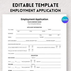 Editable Job Application Template, Employment Application: US Letter (Canva Template- Instant Download)