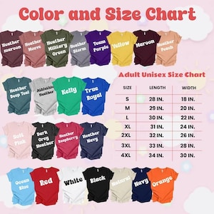 Op de afbeelding: Een kleuren- en maattabel voor unisex T-shirts voor volwassenen. De tabel toont verschillende kleuren zoals bordeauxrood, groen en geel, samen met maatvoeringen in inches. Maten vari&euml;ren van S tot 4XL.