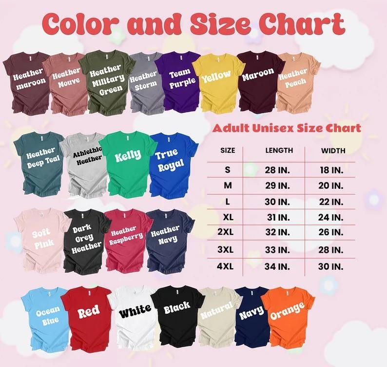 Op de afbeelding: Een kleuren- en maattabel voor unisex T-shirts voor volwassenen. De tabel toont verschillende kleuren zoals bordeauxrood, groen en geel, samen met maatvoeringen in inches. Maten vari&euml;ren van S tot 4XL.