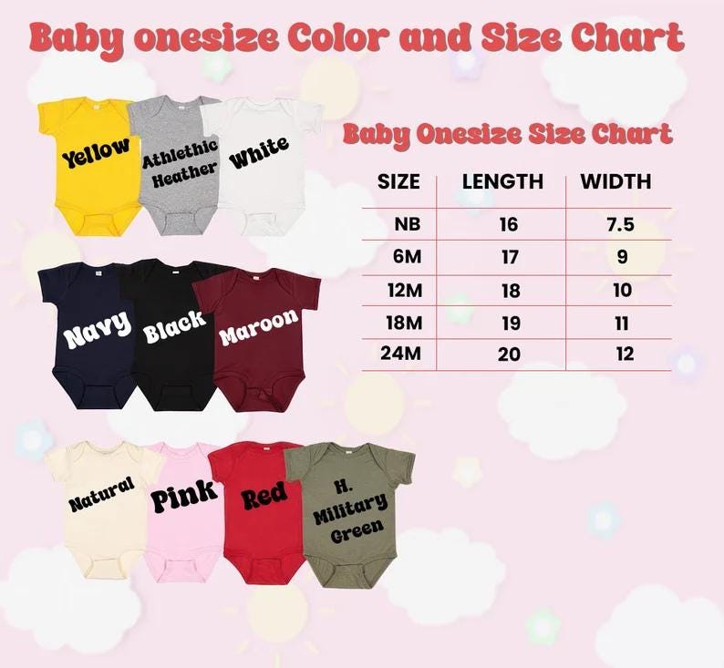 Op de afbeelding: Een kleuren- en maattabel voor babyrompers. De tabel toont rompers in verschillende kleuren, waaronder geel, marineblauw en roze. Een maattabel toont maten NB tot 24M met lengte- en breedtematen in cm.