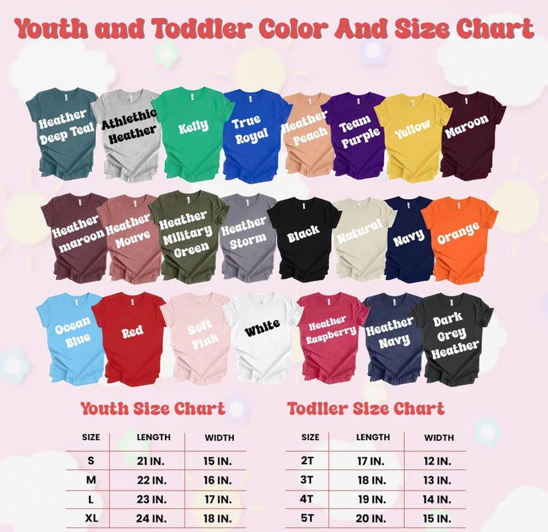 Op de afbeelding: Een kleuren- en maattabel voor t-shirts voor kinderen en peuters. De tabel toont verschillende t-shirtkleuren, waaronder heather deep teal, true royal en geel. Maattabellen zijn inbegrepen, met afmetingen in inches.