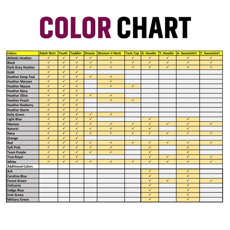 Op de afbeelding: Een kleurenkaart met de tekst "COLOR CHART" in een vetgedrukte, paarse letter. De kaart geeft verschillende kleuren weer en de beschikbaarheid van die kleuren in verschillende kledingstijlen, waaronder shirts, hoodies en sweatshirts.