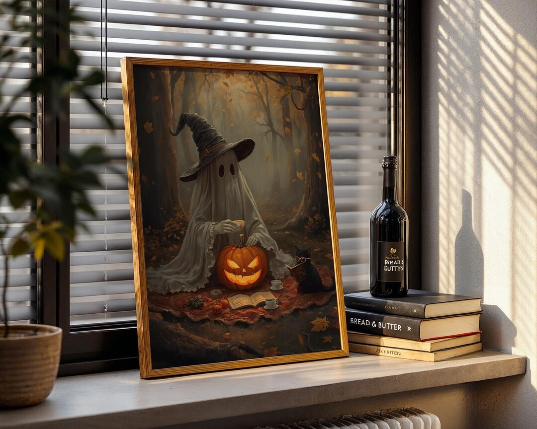 PRINTABLE Vintage Halloween Print, Cute Ghost & Black Cat in Dark Fall ...