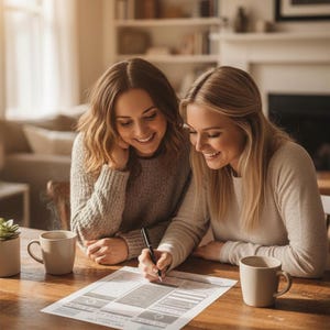 May include: Two people are seated at a wooden table, smiling and looking at a document. One person is writing with a black pen. Two beige mugs and a small plant are on the table. The background includes a fireplace, bookshelves, and a window.
