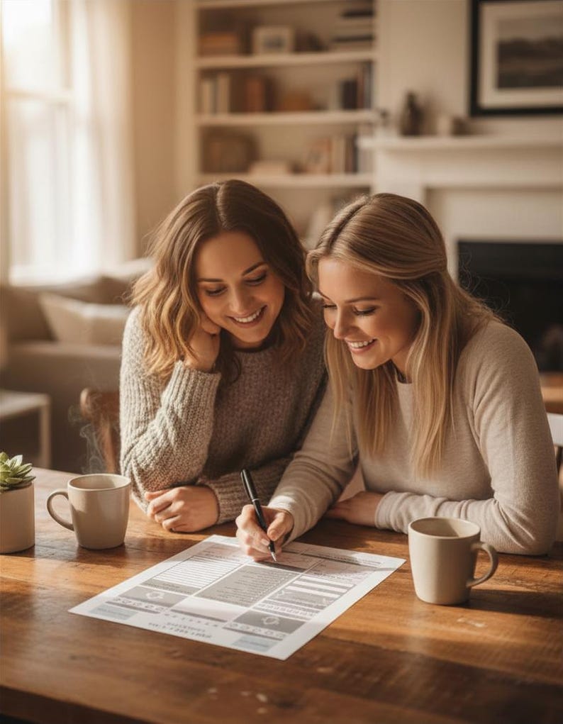 May include: Two people are seated at a wooden table, smiling and looking at a document. One person is writing with a black pen. Two beige mugs and a small plant are on the table. The background includes a fireplace, bookshelves, and a window.