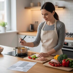 May include: A woman in a kitchen wearing a gray long-sleeve shirt and a beige apron. She is holding a pen and looking at a document. On the counter are cutting boards with raw chicken, tomatoes, peppers, and broccoli. A pot is on the stovetop.