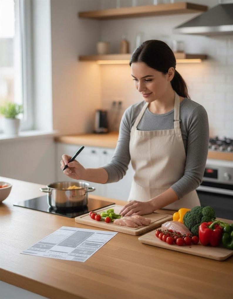 May include: A woman in a kitchen wearing a gray long-sleeve shirt and a beige apron. She is holding a pen and looking at a document. On the counter are cutting boards with raw chicken, tomatoes, peppers, and broccoli. A pot is on the stovetop.