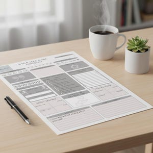May include: A daily self-care checklist with sections for mood, water intake, exercise, and meal tracking, along with a money tracker and notes section. A pen, a cup of coffee, and a small succulent plant are on the wooden desk.