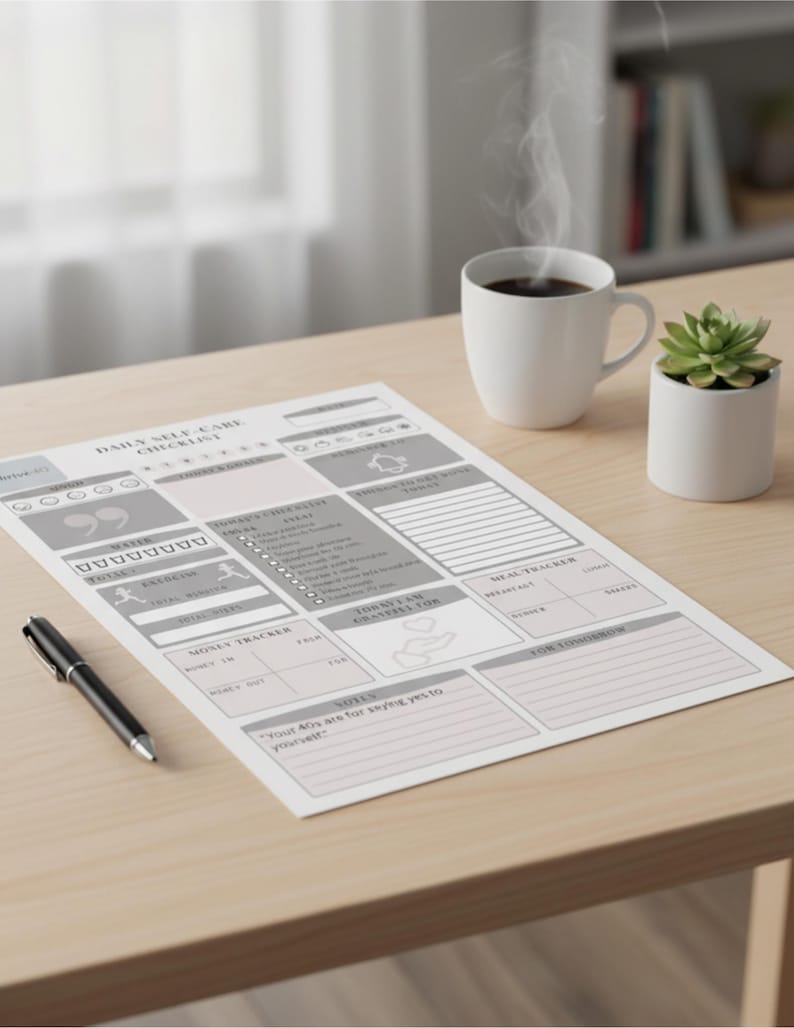 May include: A daily self-care checklist with sections for mood, water intake, exercise, and meal tracking, along with a money tracker and notes section. A pen, a cup of coffee, and a small succulent plant are on the wooden desk.