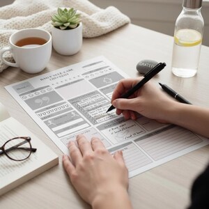 May include: A person writing on a gray and white "Daily Self-Care Checklist" with a black pen. The checklist is on a light wood table, next to a cup of tea, a succulent, a water bottle with lemon slices, and a book.