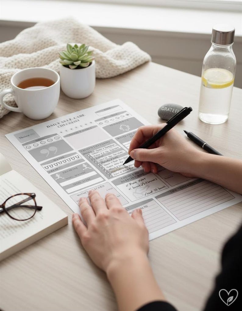 May include: A person writing on a gray and white "Daily Self-Care Checklist" with a black pen. The checklist is on a light wood table, next to a cup of tea, a succulent, a water bottle with lemon slices, and a book.