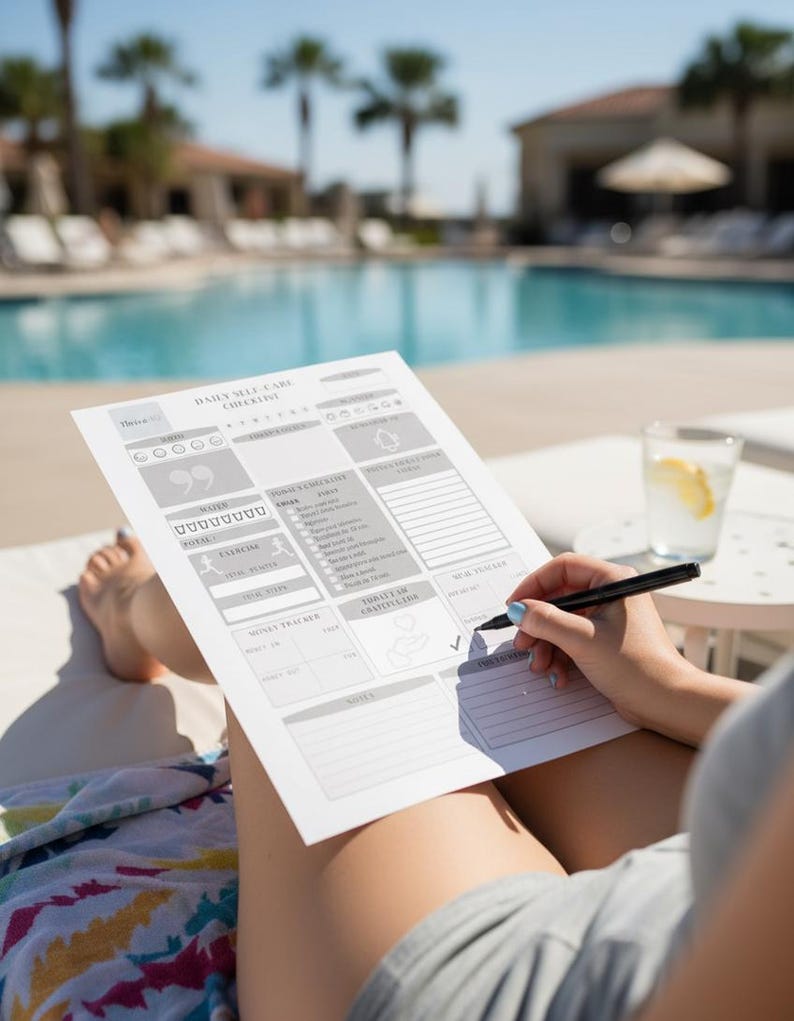 May include: A person writing on a white Daily Self-Care Checklist with a black pen. The checklist includes sections for water intake, exercise, and money tracking. A glass of water with a lemon slice sits nearby, with a pool and palm trees in the background.