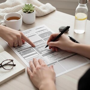 May include: A self-care planner with a checklist is being filled out with a black pen. A cup of tea, a succulent, a water bottle with lemon slices, and a book with glasses are on the table.
